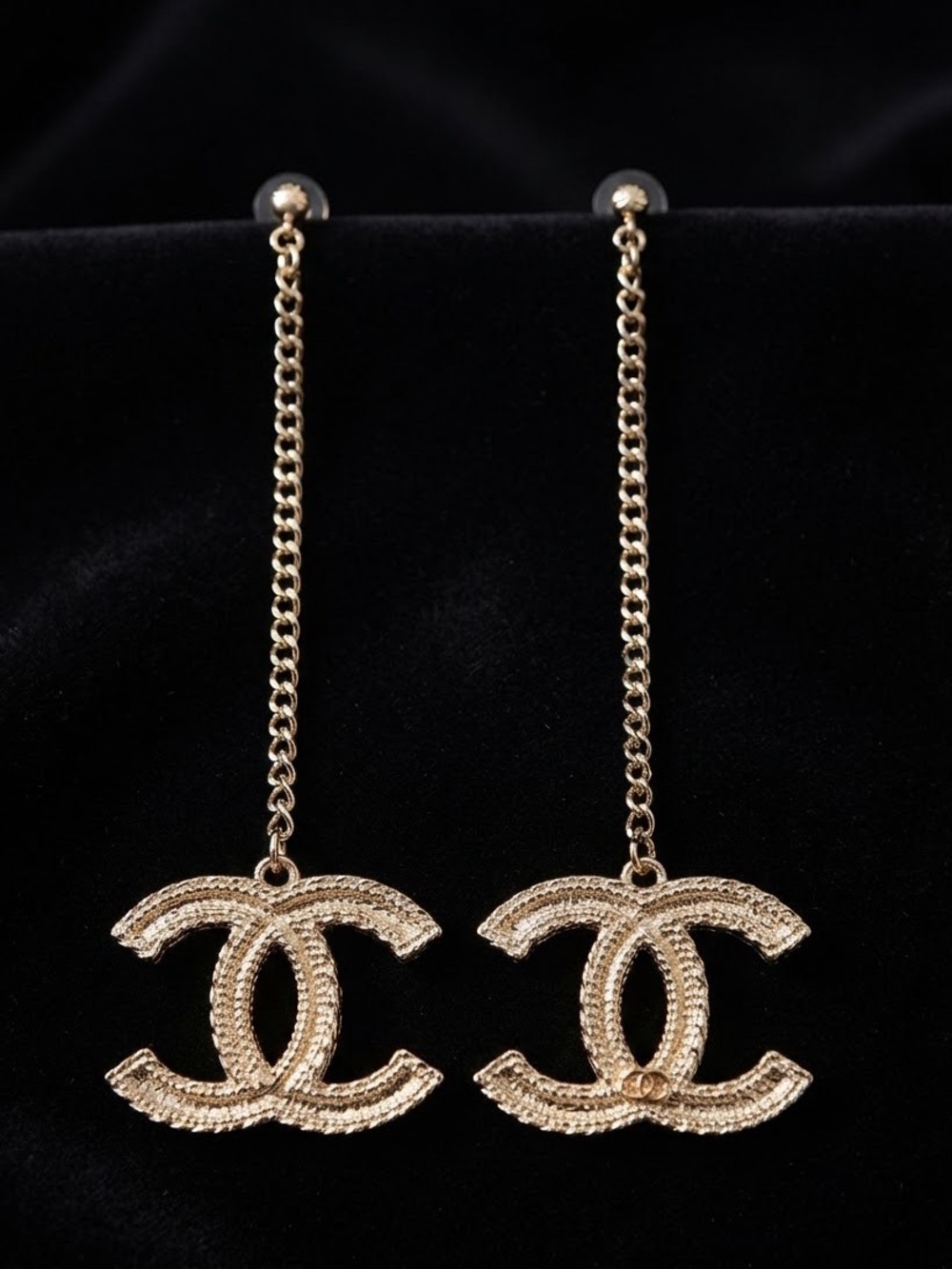 Gold Tone Long Drop Double-C Drop Chain Earrings